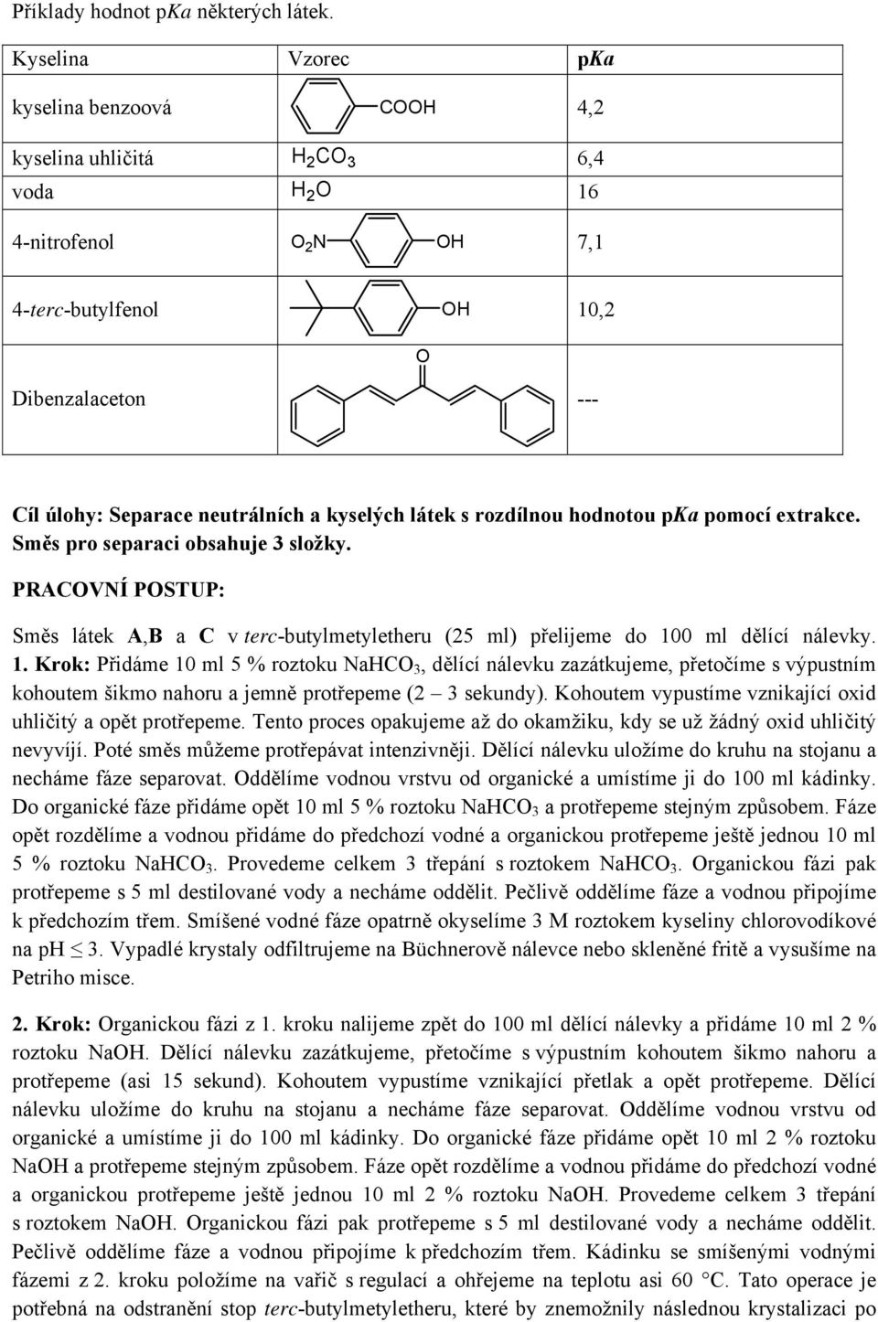 rozdílnou hodnotou pka pomocí extrakce. Směs pro separaci obsahuje 3 složky. PRACVÍ PSTUP: Směs látek A,B a C v terc-butylmetyletheru (25 ml) přelijeme do 10
