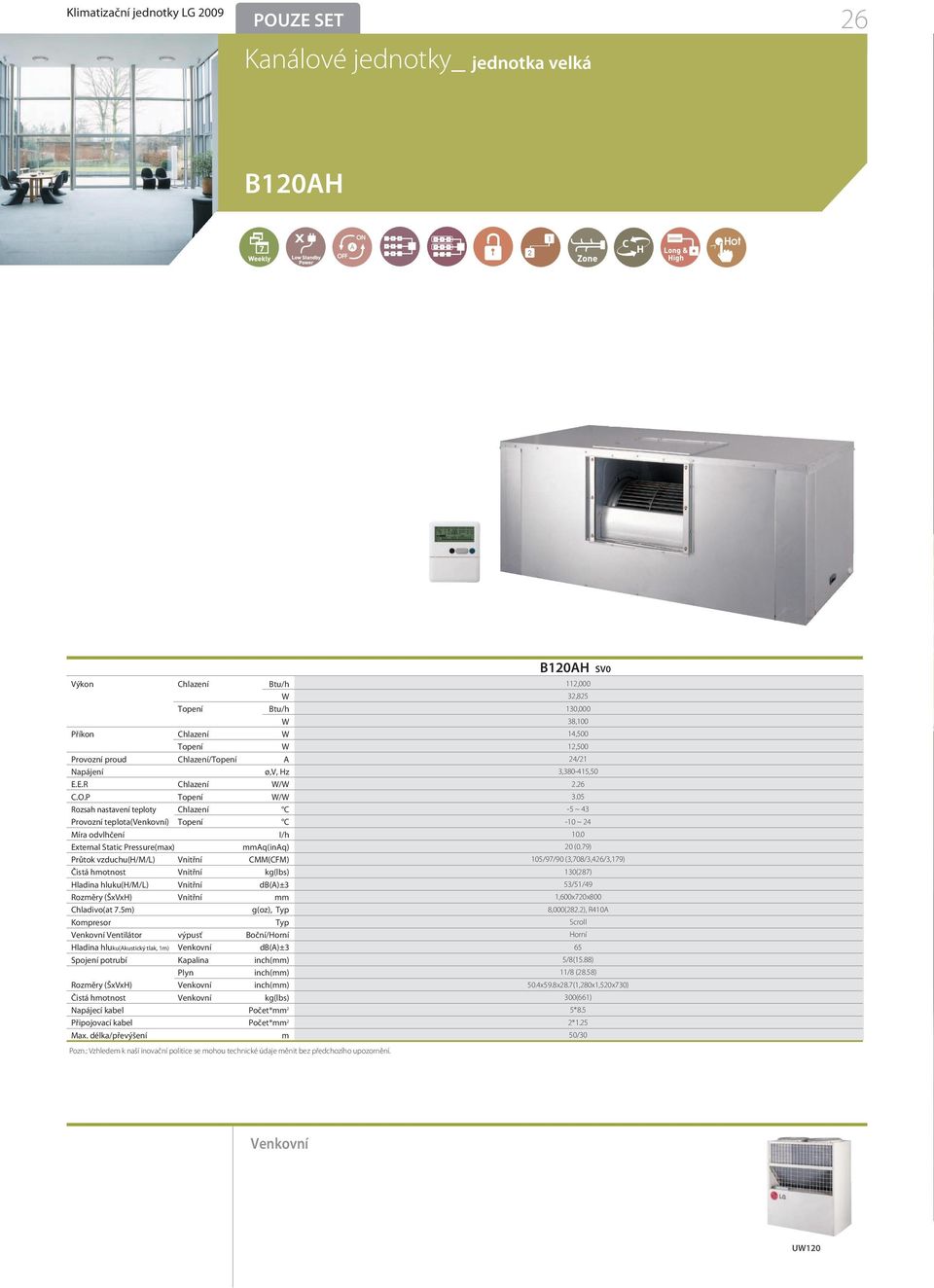 P W/W Rozsah nastavení teploty Chlazení C Provozní teplota() C Míra odvlhčení I/h External Static Pressure(max) mmaq(inaq) (H/M/L) Vnitřní CMM(CFM) Čistá hmotnost Vnitřní kg(lbs) Hladina hluku(h/m/l)