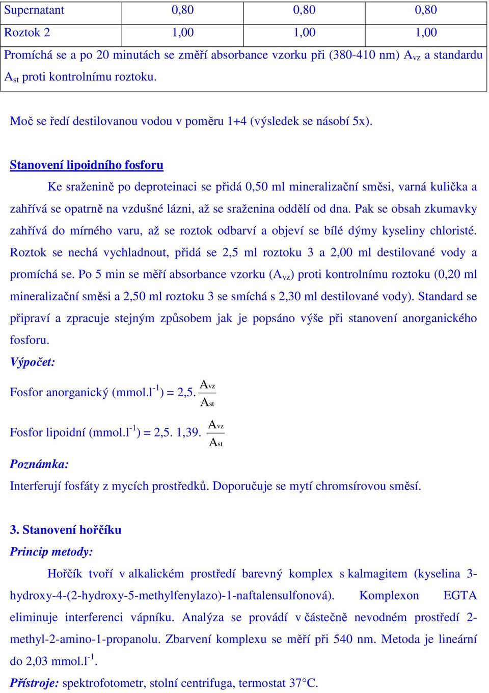 Stanovení lipoidního fosforu Ke sraženině po deproteinaci se přidá 0,50 ml mineralizační směsi, varná kulička a zahřívá se opatrně na vzdušné lázni, až se sraženina oddělí od dna.