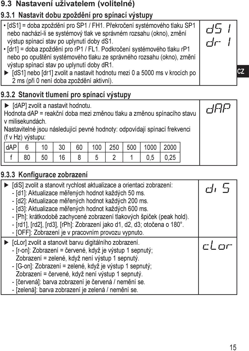 Podkročení systémového tlaku rp1 nebo po opuštění systémového tlaku ze správného rozsahu (okno), změní výstup spínací stav po uplynutí doby dr1.