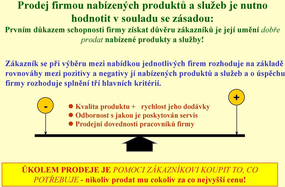 Zákazník se při výběru mezi nabídkou jednotlivých firem rozhoduje na základě rovnováhy mezi pozitivy a negativy jí nabízených produktů a sluţeb a o úspěchu