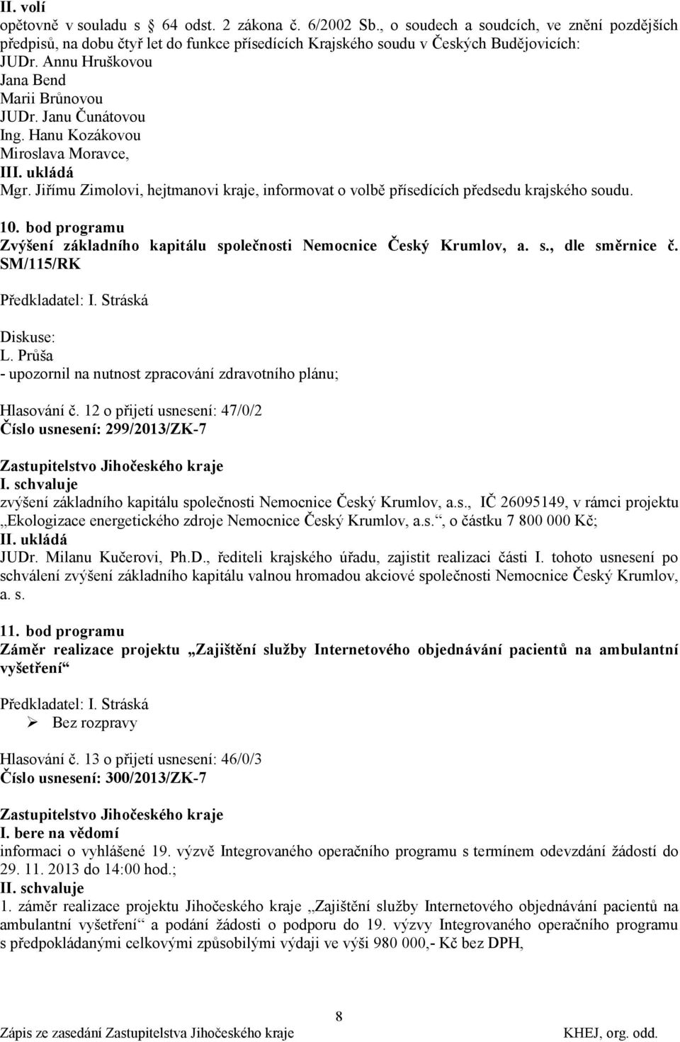 Jiřímu Zimolovi, hejtmanovi kraje, informovat o volbě přísedících předsedu krajského soudu. 10. bod programu Zvýšení základního kapitálu společnosti Nemocnice Český Krumlov, a. s., dle směrnice č.