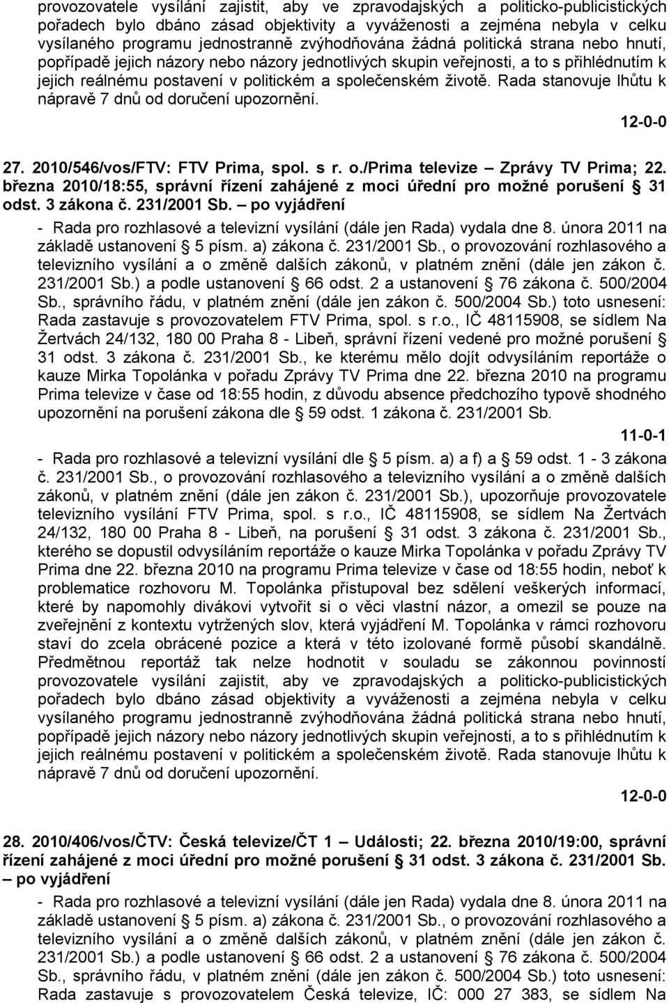 Rada stanovuje lhůtu k nápravě 7 dnů od doručení upozornění. 27. 2010/546/vos/FTV: FTV Prima, spol. s r. o./prima televize Zprávy TV Prima; 22.