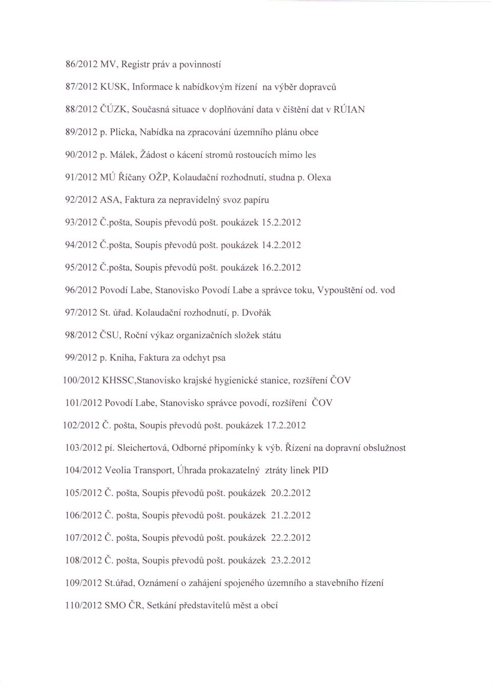 Olexa 92/2012 ASA, Faktura za nepravidelný svoz papíru 9312012 Č.pošta, Soupis převodů pošt. poukázek 15.2.2012 9412012 Č.pošta, Soupis převodů pošt. poukázek 14.2.2012 95/2012 Č.