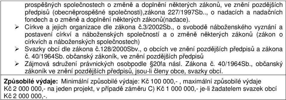 , o svobodě náboženského vyznání a postavení církví a náboženských společností a o změně některých zákonů (zákon o církvích a náboženských společnostech) Svazky obcí dle zákona č.128/2000sbv.