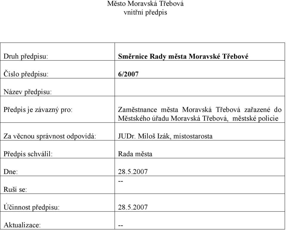 schválil: Zaměstnance města Moravská Třebová zařazené do Městského úřadu Moravská Třebová, městské