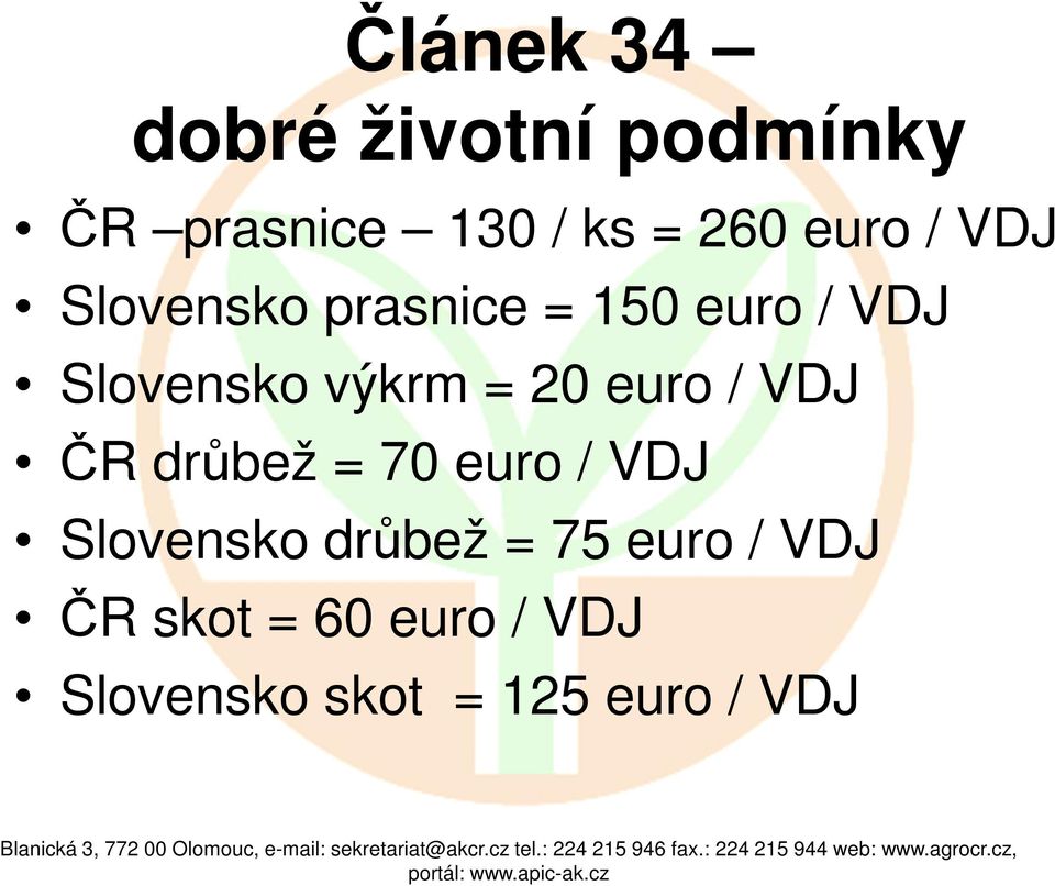 = 20 euro / VDJ ČR drůbež = 70 euro / VDJ Slovensko drůbež = 75