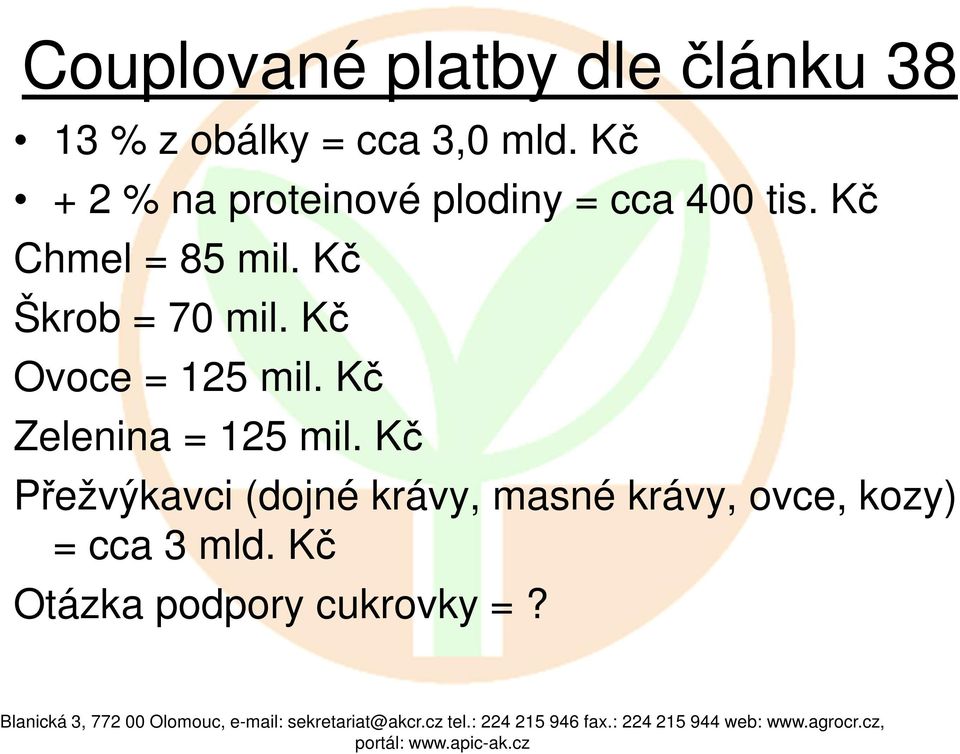 Kč Škrob = 70 mil. Kč Ovoce = 125 mil. Kč Zelenina = 125 mil.