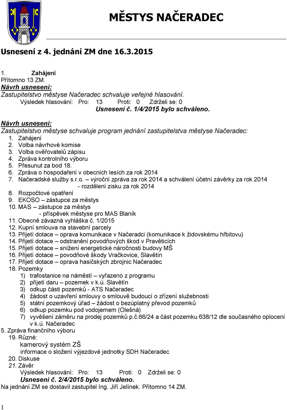 Volba návrhové komise 3. Volba ověřovatelů zápisu 4. Zpráva kontrolního výboru 5. Přesunut za bod 18. 6. Zpráva o hospodaření v obecních lesích za rok 2014 7. Načeradské služby s.r.o. výroční zpráva za rok 2014 a schválení účetní závěrky za rok 2014 - rozdělení zisku za rok 2014 8.