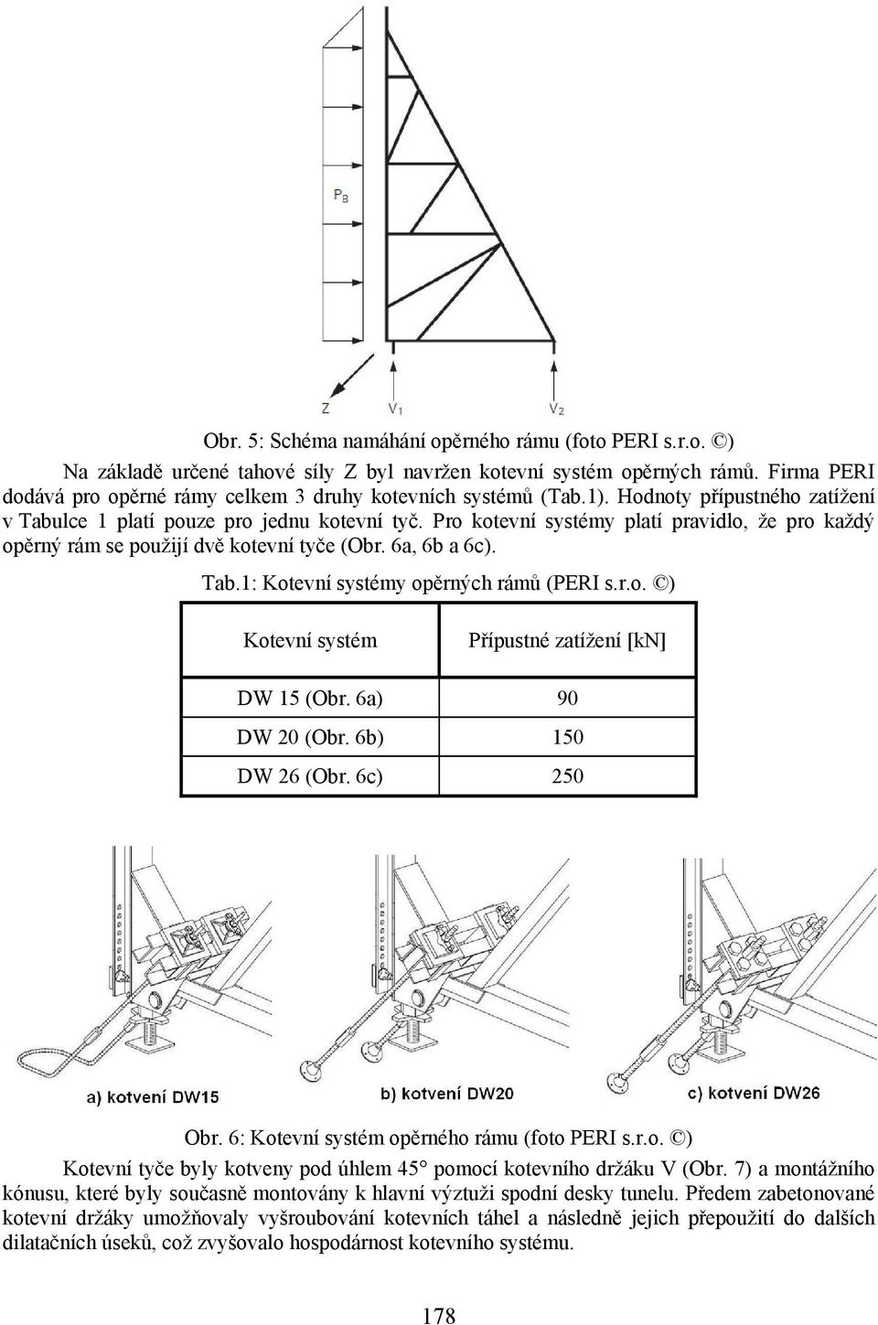 Pro kotevní systémy platí pravidlo, že pro každý opěrný rám se použijí dvě kotevní tyče (Obr. 6a, 6b a 6c). Tab.1: Kotevní systémy opěrných rámů (PERI s.r.o. ) Kotevní systém Přípustné zatížení [kn] DW 15 (Obr.