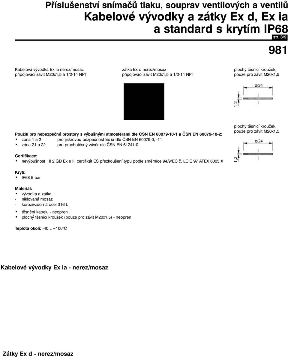 nebezpečné prostory s výbušnými atmosférami dle ČSN EN 60079-10-1 a ČSN EN 60079-10-2: zóna 1 a 2 pro jiskrovou bezpečnost Ex ia dle ČSN EN 60079-0, -11 zóna 21 a 22 pro prachotěsný závěr dle ČSN EN