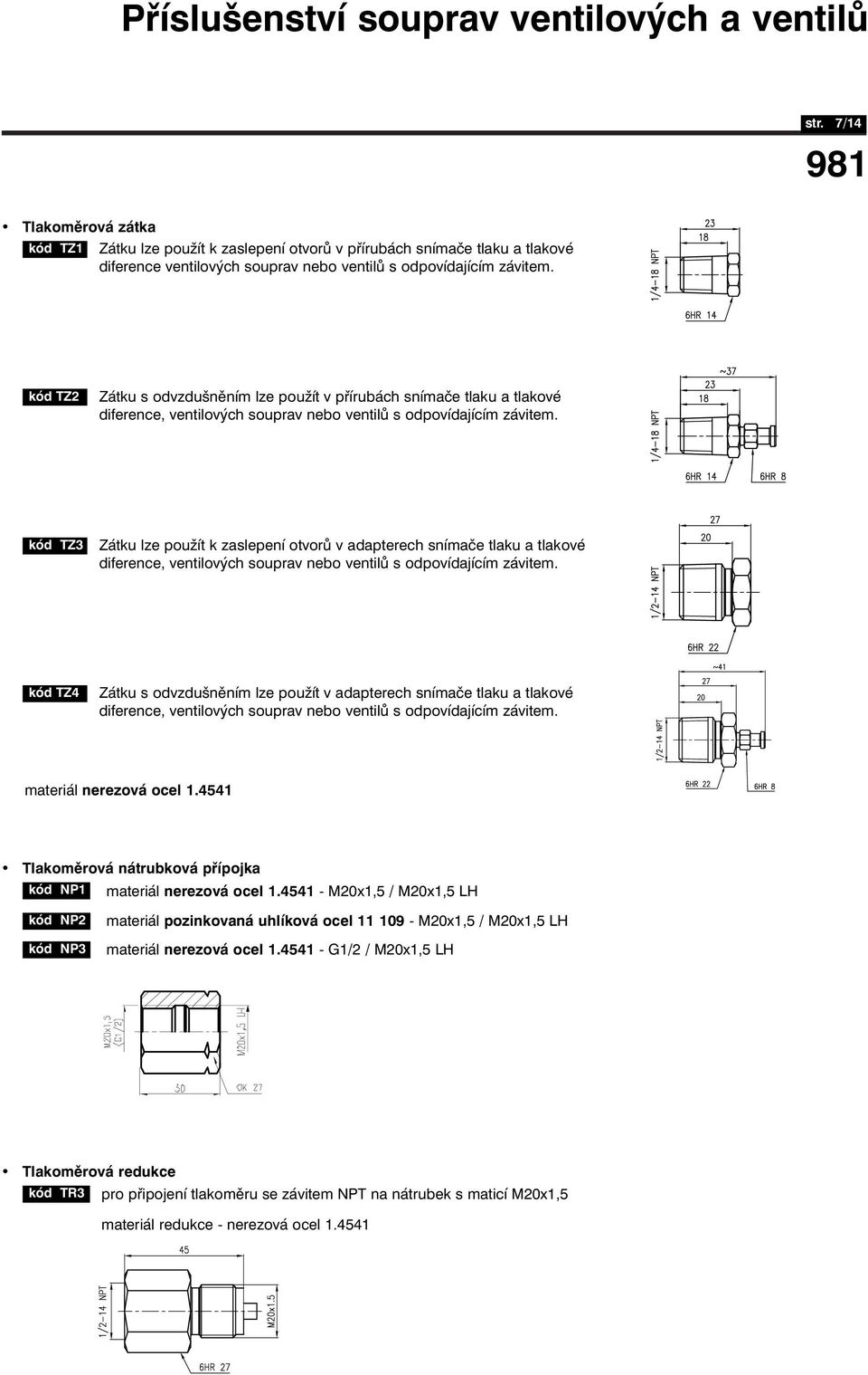 kód TZ3 Zátku lze použít k zaslepení otvorů v adapterech snímače tlaku a tlakové diference, ventilových souprav nebo ventilů s odpovídajícím závitem.