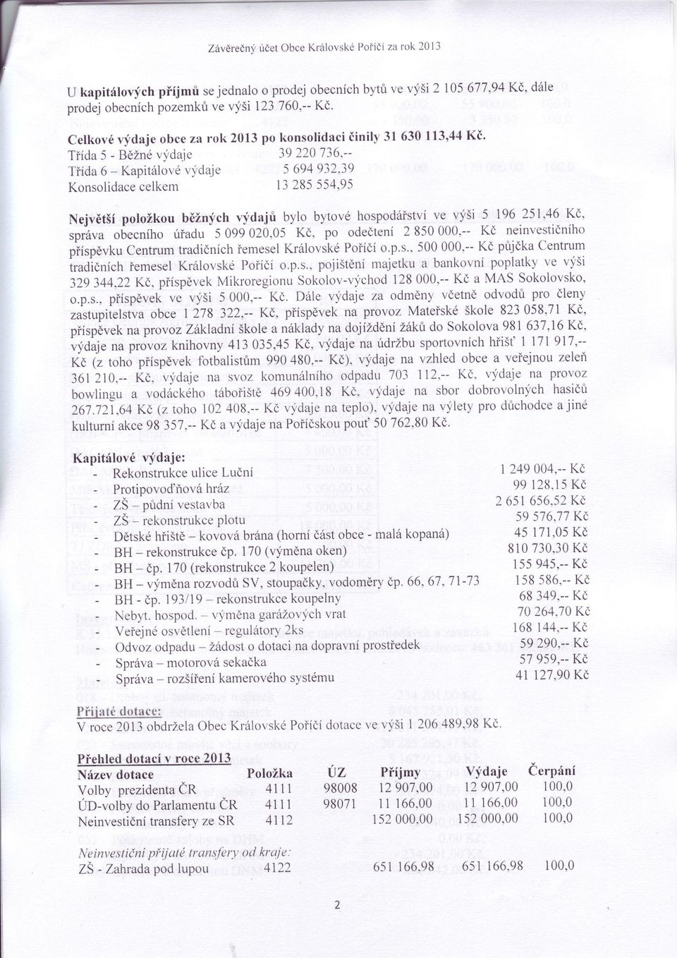 95 Konsolidacecelkem Ve vyši 5 196 251,46 " položkou běžnych vfdaj bylo bytovéhospodťství r{ejvětší,p*uu obecního ťrťadu5 099 020,05 po odečtení2 B50 000,-- neinvestičního o.p.s.,500 000.