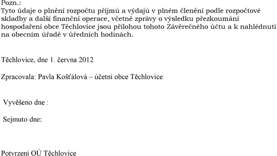 tohoto Závěrečného účtu a k nahlédnutí na obecním úřadě v úředních hodinách. Těchlovice, dne 1.