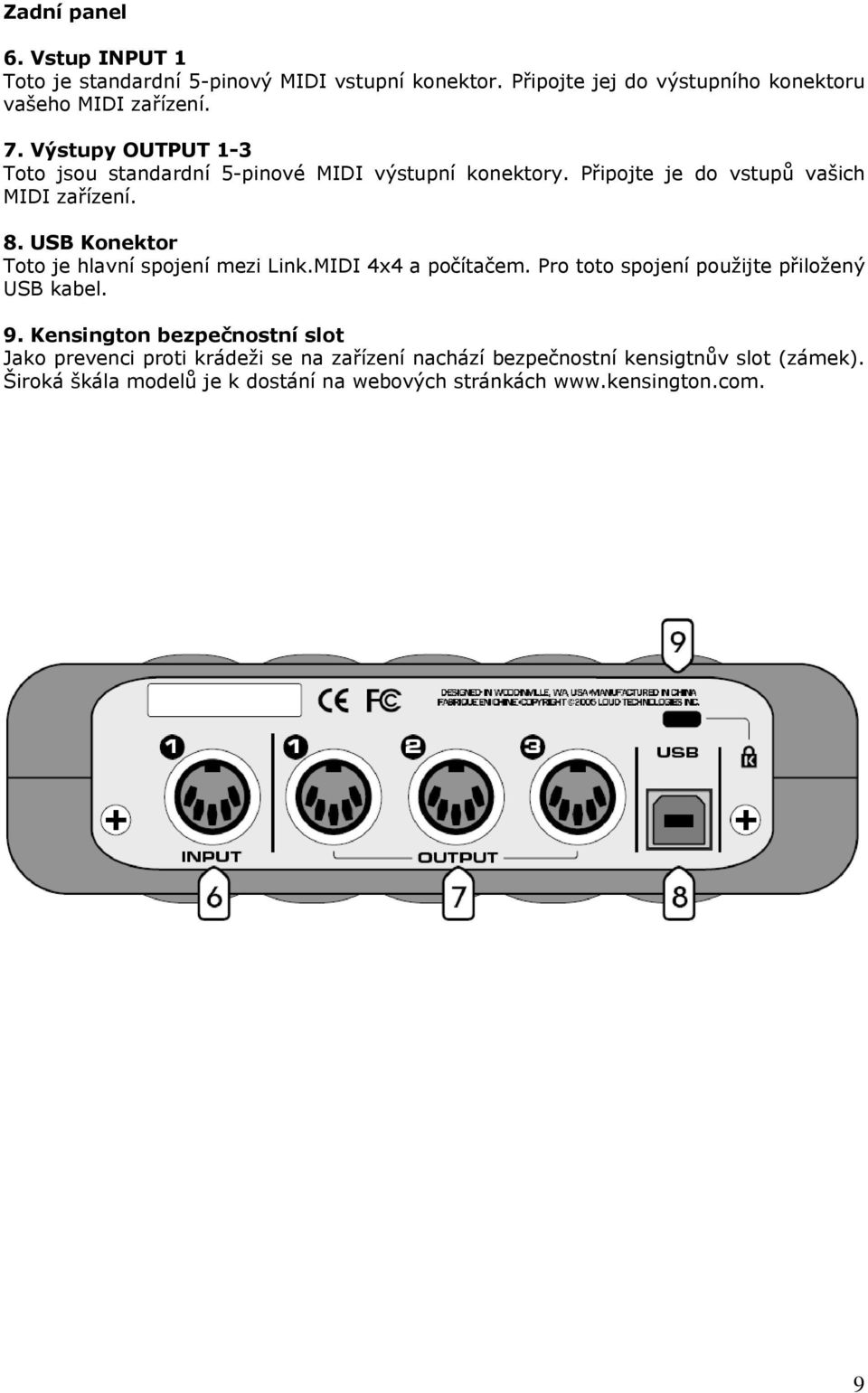 USB Konektor Toto je hlavní spojení mezi Link.MIDI 4x4 a počítačem. Pro toto spojení použijte přiložený USB kabel. 9.