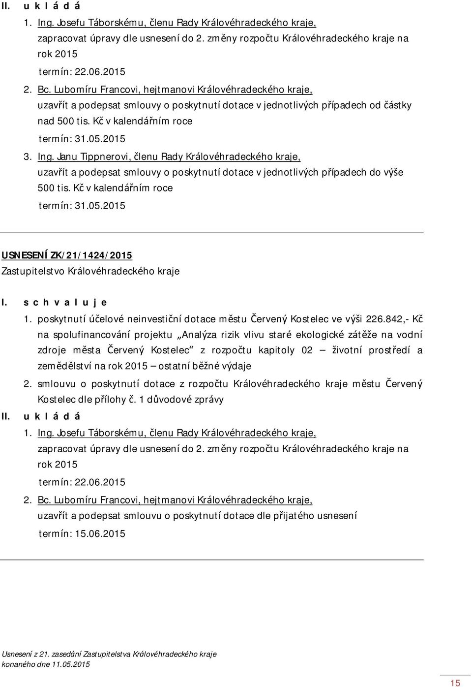 Janu Tippnerovi, členu Rady Královéhradeckého kraje, uzavřít a podepsat smlouvy o poskytnutí dotace v jednotlivých případech do výše 500 tis. Kč v kalendářním roce termín: 31.05.