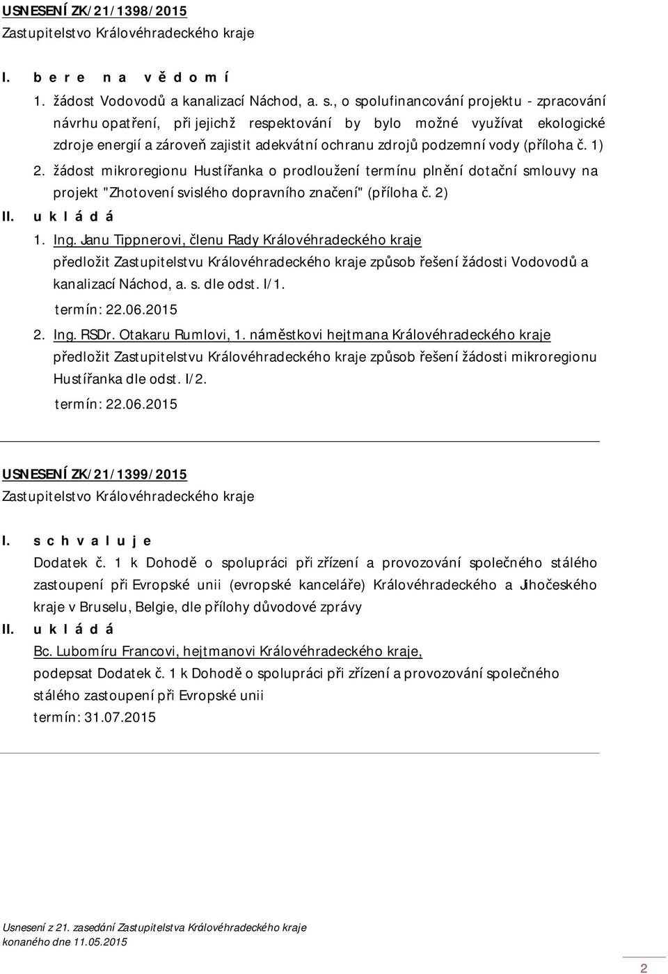 (příloha č. 1) 2. žádost mikroregionu Hustířanka o prodloužení termínu plnění dotační smlouvy na projekt "Zhotovení svislého dopravního značení" (příloha č. 2) 1. Ing.