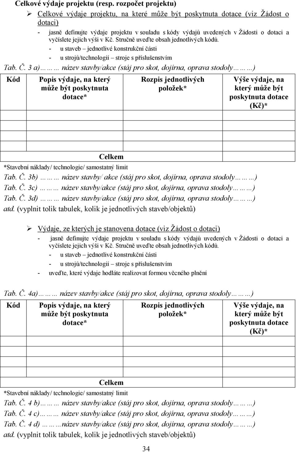 vyčíslete jejich výši v Kč. Stručně uveďte obsah jednotlivých kódů. - u staveb jednotlivé konstrukční části - u strojů/technologií stroje s příslušenstvím Tab. Č.