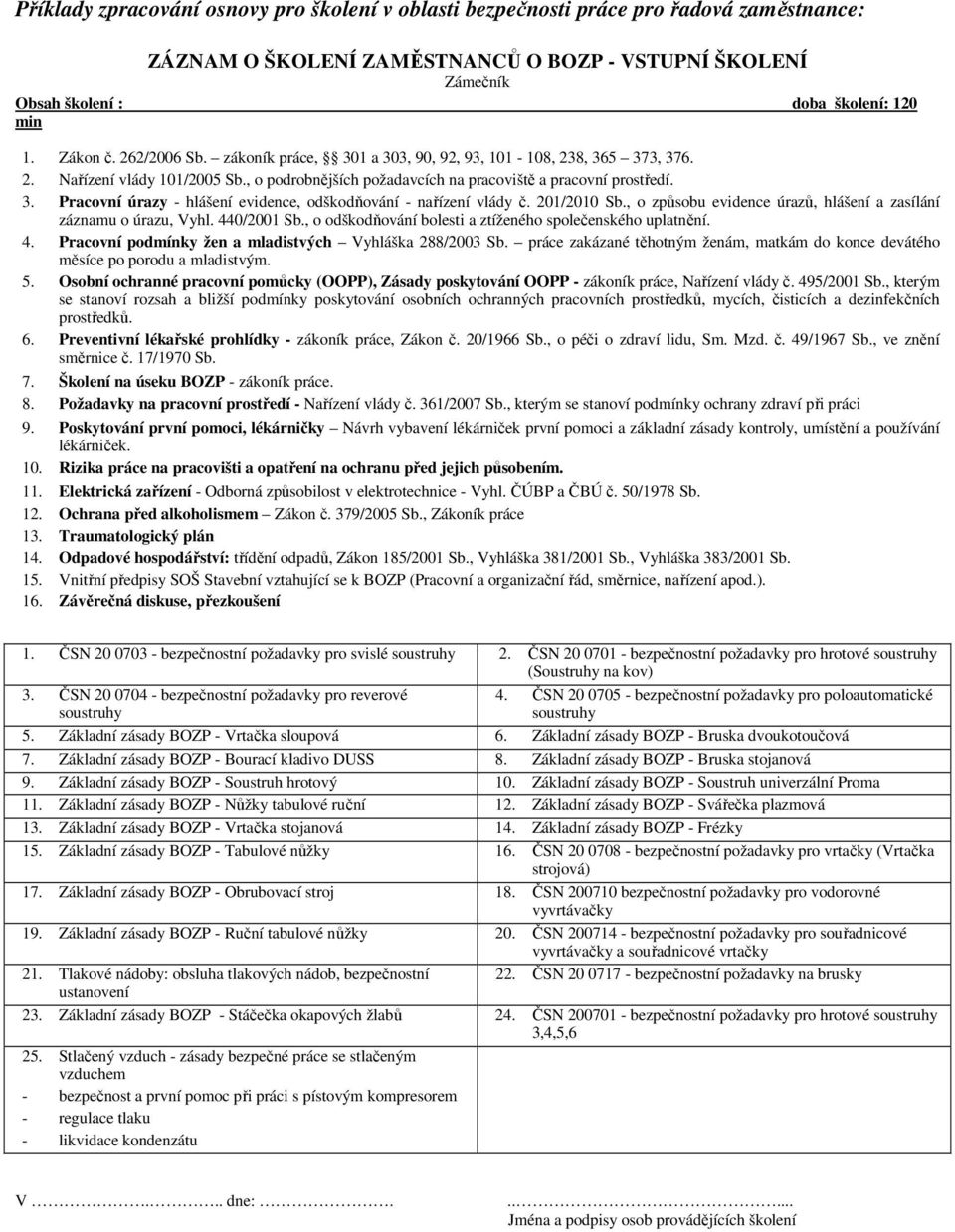 201/2010 Sb., o způsobu evidence úrazů, hlášení a zasílání záznamu o úrazu, Vyhl. 440/2001 Sb., o odškodňování bolesti a ztíženého společenského uplatnění. 4. Pracovní podmínky žen a mladistvých Vyhláška 288/2003 Sb.
