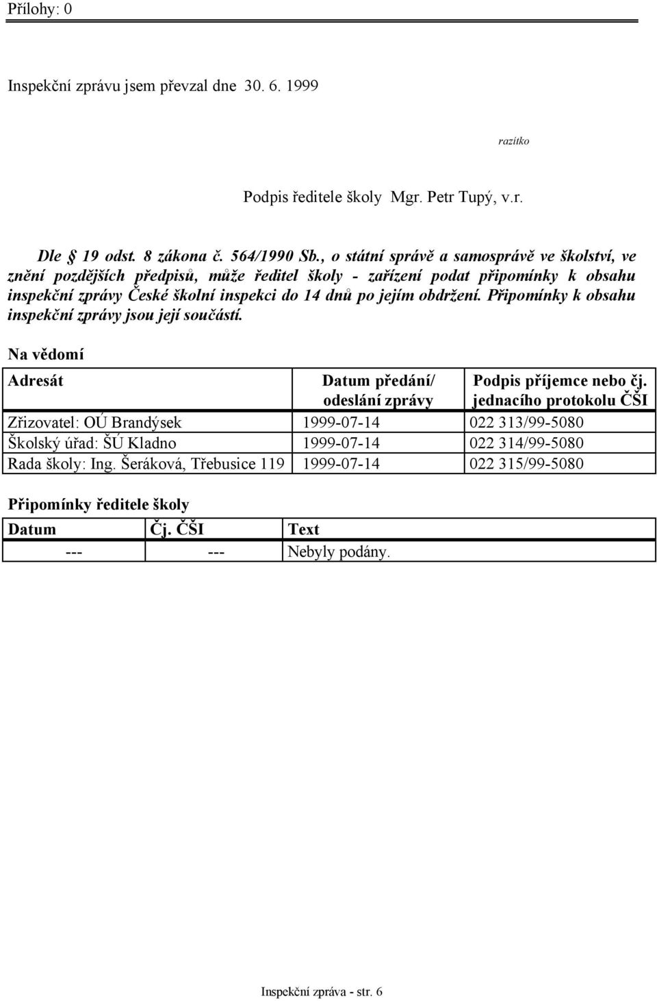 obdržení. Připomínky k obsahu inspekční zprávy jsou její součástí. Na vědomí Adresát Datum předání/ odeslání zprávy Podpis příjemce nebo čj.