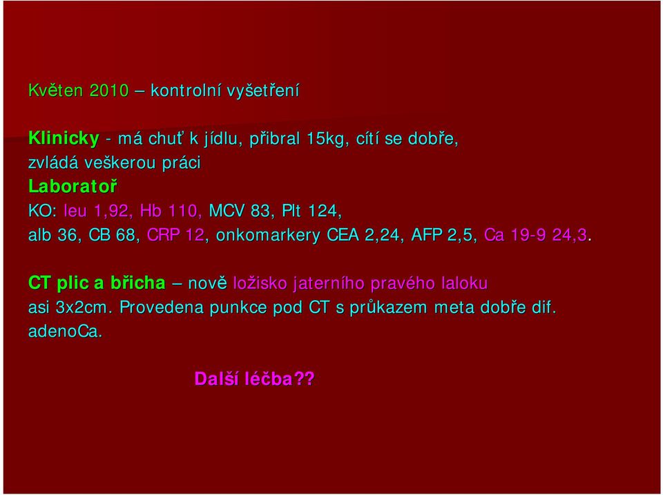 CRP 12, onkomarkery CEA 2,24, AFP 2,5, Ca 19-9 9 24,3.