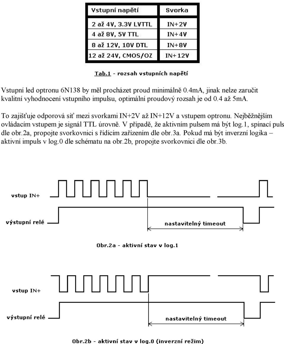 To zajišťuje odporová síť mezi svorkami IN+2V až IN+12V a vstupem optronu. Nejběžnějším ovládacím vstupem je signál TTL úrovně.