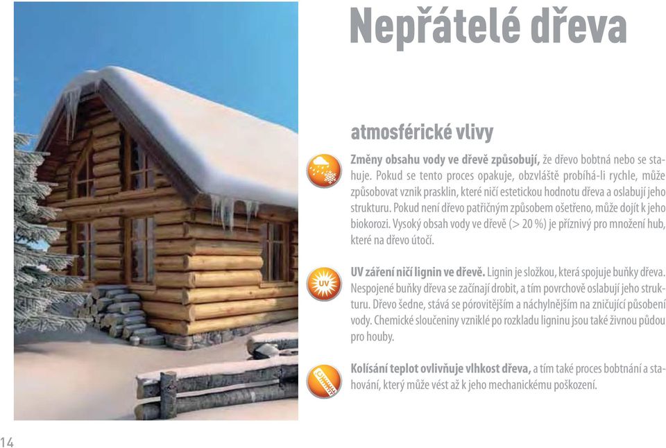 Pokud není dřevo patřičným způsobem ošetřeno, může dojít k jeho biokorozi. Vysoký obsah vody ve dřevě (> 20 %) je příznivý pro množení hub, které na dřevo útočí. UV záření ničí lignin ve dřevě.