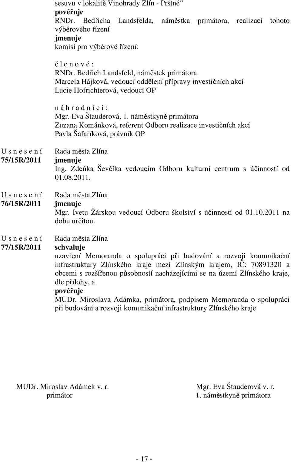 náměstkyně primátora Zuzana Kománková, referent Odboru realizace investičních akcí Pavla Šafaříková, právník OP 75/15R/2011 76/15R/2011 77/15R/2011 jmenuje Ing.