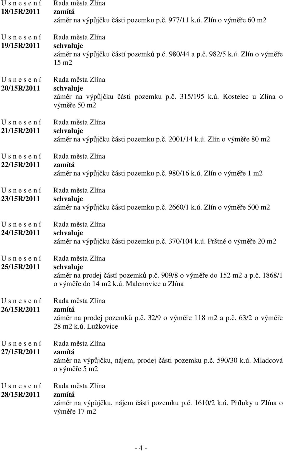 č. 2001/14 k.ú. Zlín o výměře 80 m2 zamítá záměr na výpůjčku části pozemku p.č. 980/16 k.ú. Zlín o výměře 1 m2 záměr na výpůjčku částí pozemku p.č. 2660/1 k.ú. Zlín o výměře 500 m2 záměr na výpůjčku části pozemku p.