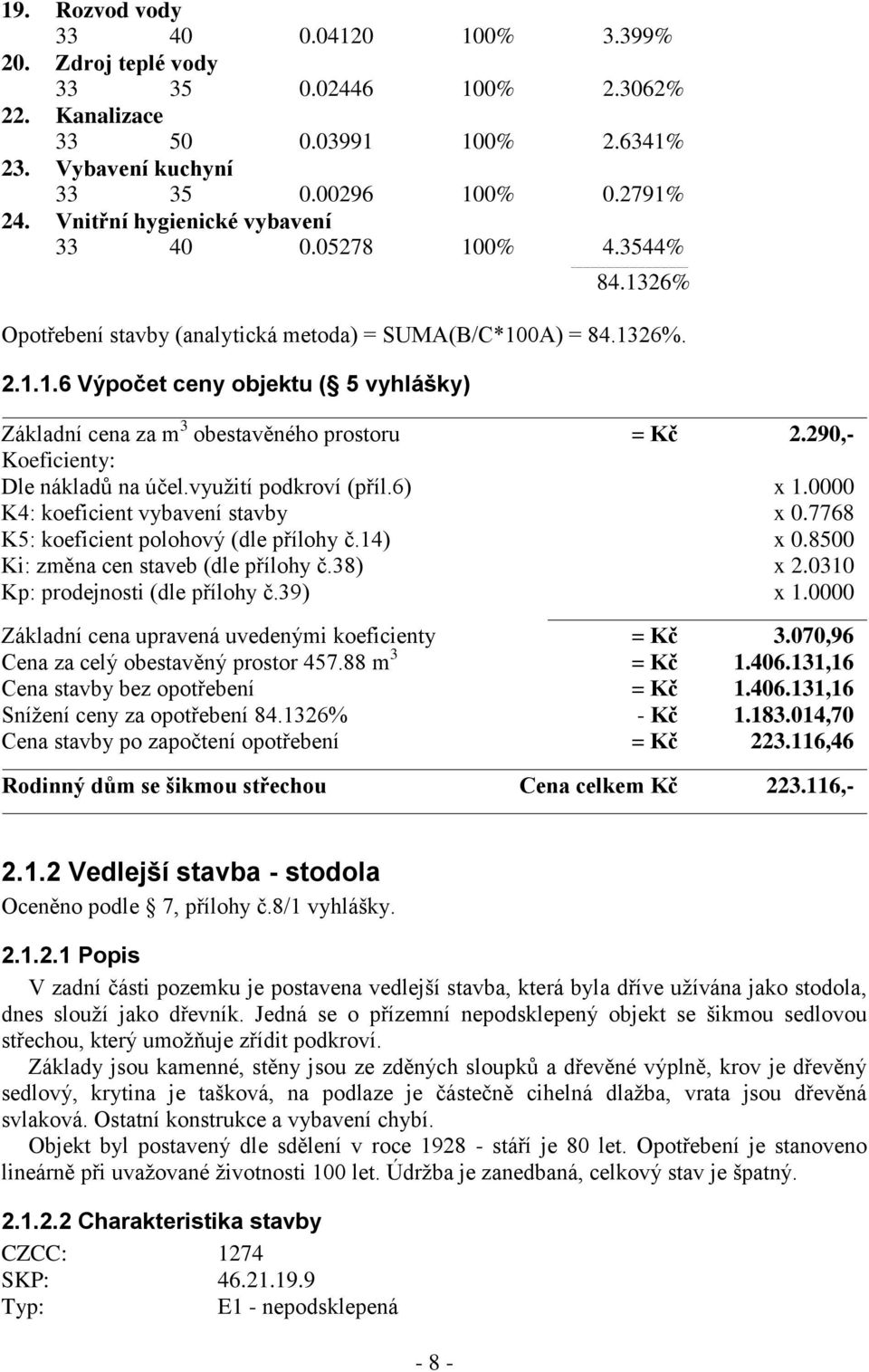 290,- Koeficienty: Dle nákladů na účel.využití podkroví (příl.6) x 1.0000 K4: koeficient vybavení stavby x 0.7768 K5: koeficient polohový (dle přílohy č.14) x 0.