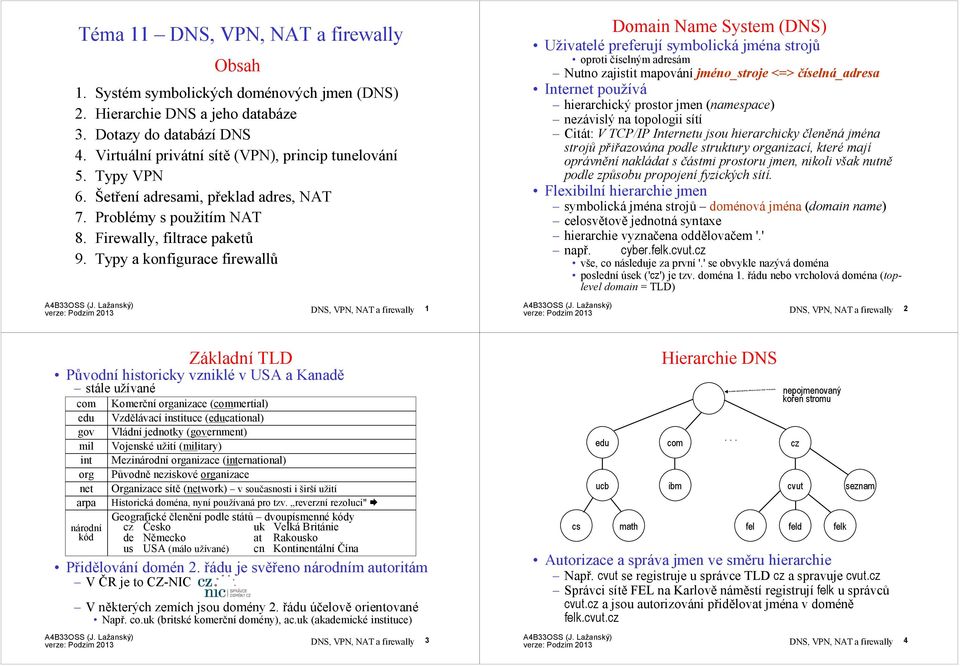 Typy a konfigurace firewallů DNS, VPN, NAT a firewally 1 Domain Name System(DNS) Uživatelé preferují symbolická jména strojů oproti číselným adresám Nutno zajistit mapování jméno_stroje <=>
