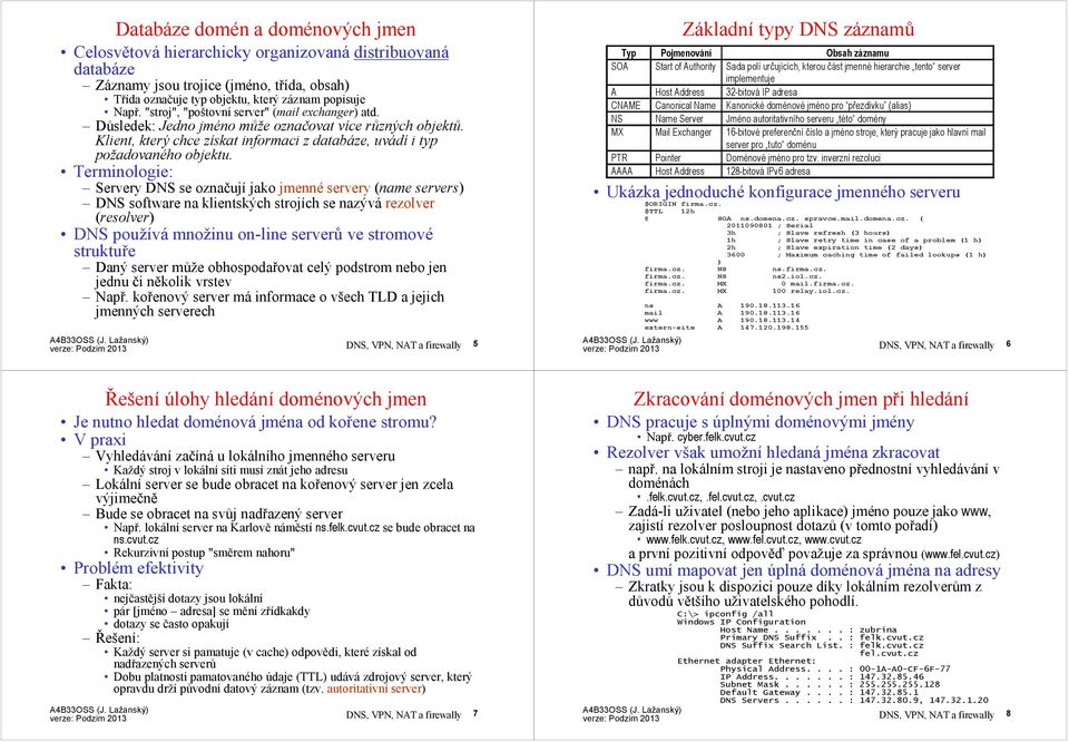 Terminologie: Servery DNS se označují jako jmenné servery(name servers) DNS software na klientských strojích se nazývá rezolver (resolver) DNS používá množinu on-line serverů ve stromové struktuře