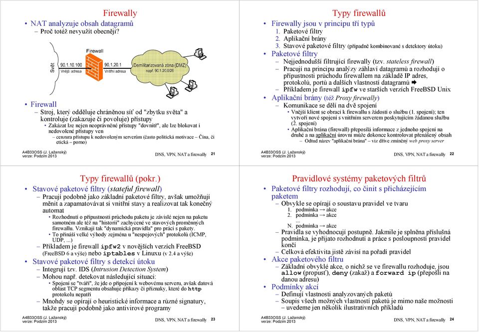 ven cenzura přístupu k nedovoleným serverům (často politická motivace Čína, či etická porno) Typy firewallů Firewally jsou v principu třítypů 1. Paketové filtry 2. Aplikační brány 3.