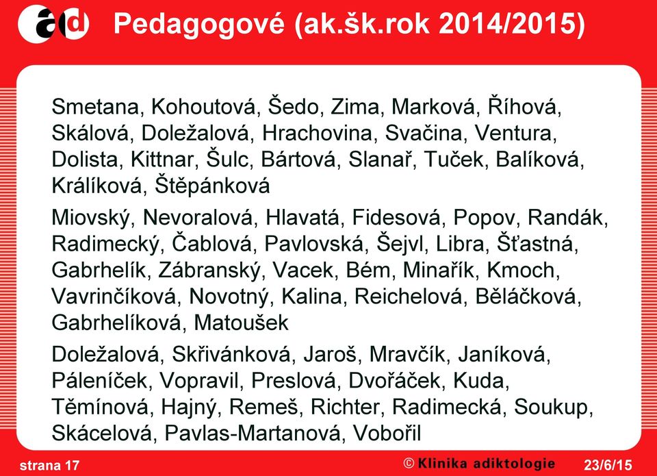 Tuček, Balíková, Králíková, Štěpánková Miovský, Nevoralová, Hlavatá, Fidesová, Popov, Randák, Radimecký, Čablová, Pavlovská, Šejvl, Libra, Šťastná, Gabrhelík,