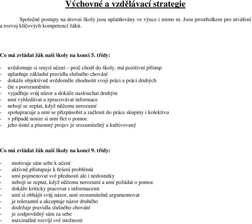 třídy: - uvědomuje si smysl učení proč chodí do školy, má pozitivní přístup - uplatňuje základní pravidla slušného chování - dokáže objektivně uvědoměle zhodnotit svoji práci a práci druhých - čte s