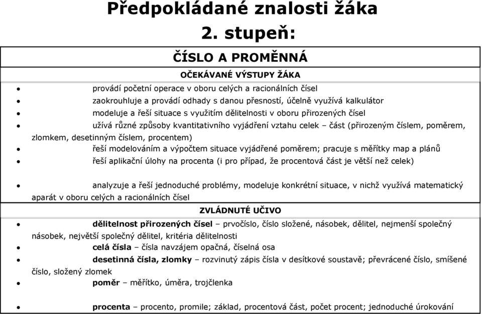 dělitelnosti v oboru přirozených čísel užívá různé způsoby kvantitativního vyjádření vztahu celek část (přirozeným číslem, poměrem, zlomkem, desetinným číslem, procentem) řeší modelováním a výpočtem