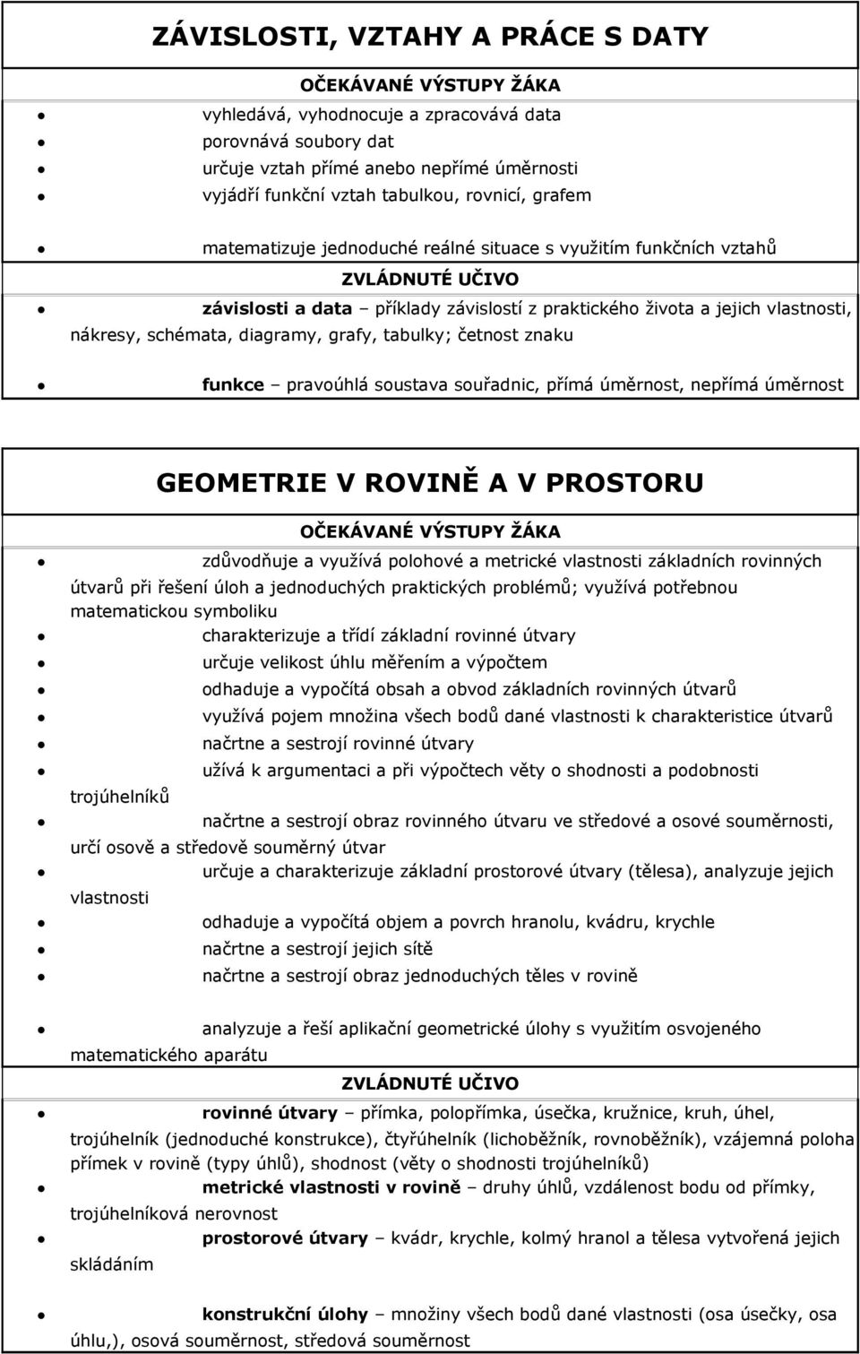 znaku funkce pravoúhlá soustava souřadnic, přímá úměrnost, nepřímá úměrnost GEOMETRIE V ROVINĚ A V PROSTORU zdůvodňuje a využívá polohové a metrické vlastnosti základních rovinných útvarů při řešení