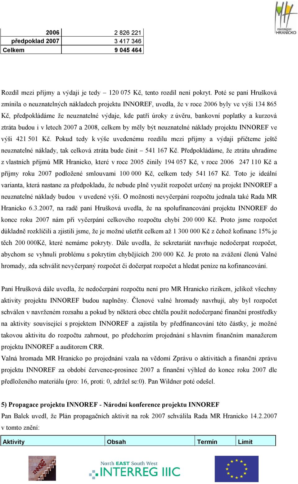 poplatky a kurzová ztráta budou i v letech 2007 a 2008, celkem by měly být neuznatelné náklady projektu INNOREF ve výši 421 501 Kč.