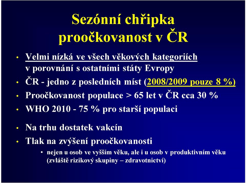 cca 30 % WHO 2010-75 % pro starší populaci Na trhu dostatek vakcín Tlak na zvýšení proočkovanosti