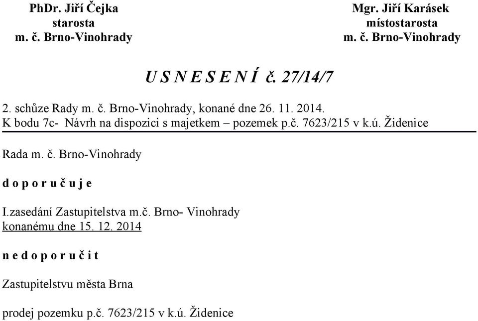 Židenice Rada d o p o r u č u j e I.zasedání Zastupitelstva m.č. Brno- Vinohrady konanému dne 15.