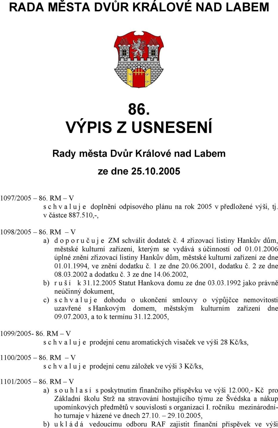 4 zřizovací listiny Hankův dům, městské kulturní zařízení, kterým se vydává s účinností od 01.01.2006 úplné znění zřizovací listiny Hankův dům, městské kulturní zařízení ze dne 01.01.1994, ve znění dodatku č.
