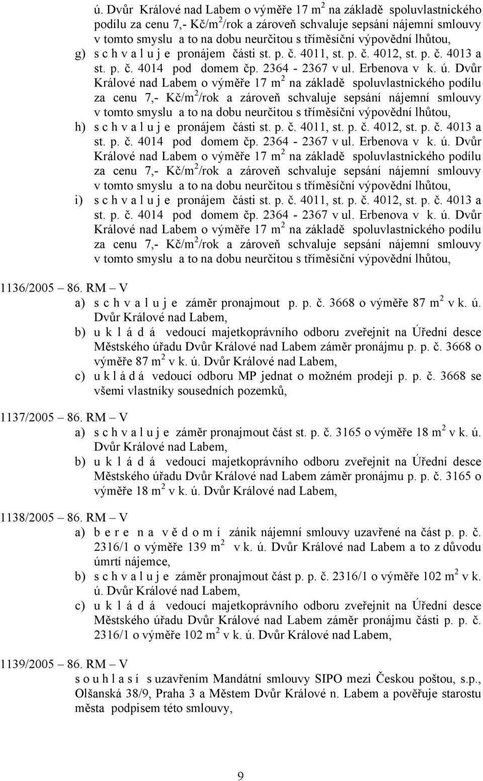 výpovědní lhůtou, h) s c h v a l u j e pronájem části st. p. č. 4011, st. p. č. 4012, st. p. č. 4013 a st. p. č. 4014 pod domem čp. 2364-2367 v ul. Erbenova v k.