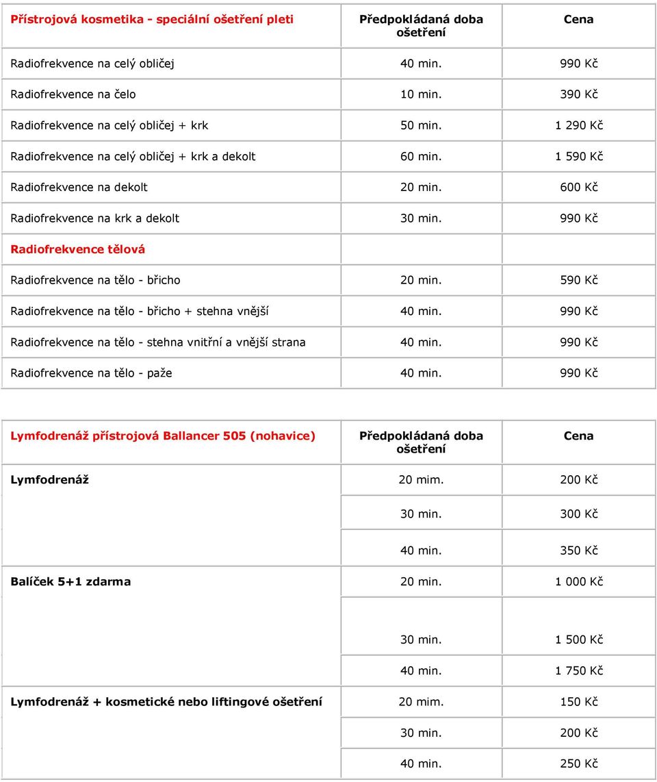 990 Kč Radiofrekvence tělová Radiofrekvence na tělo - břicho 20 min. 590 Kč Radiofrekvence na tělo - břicho + stehna vnější 40 min.