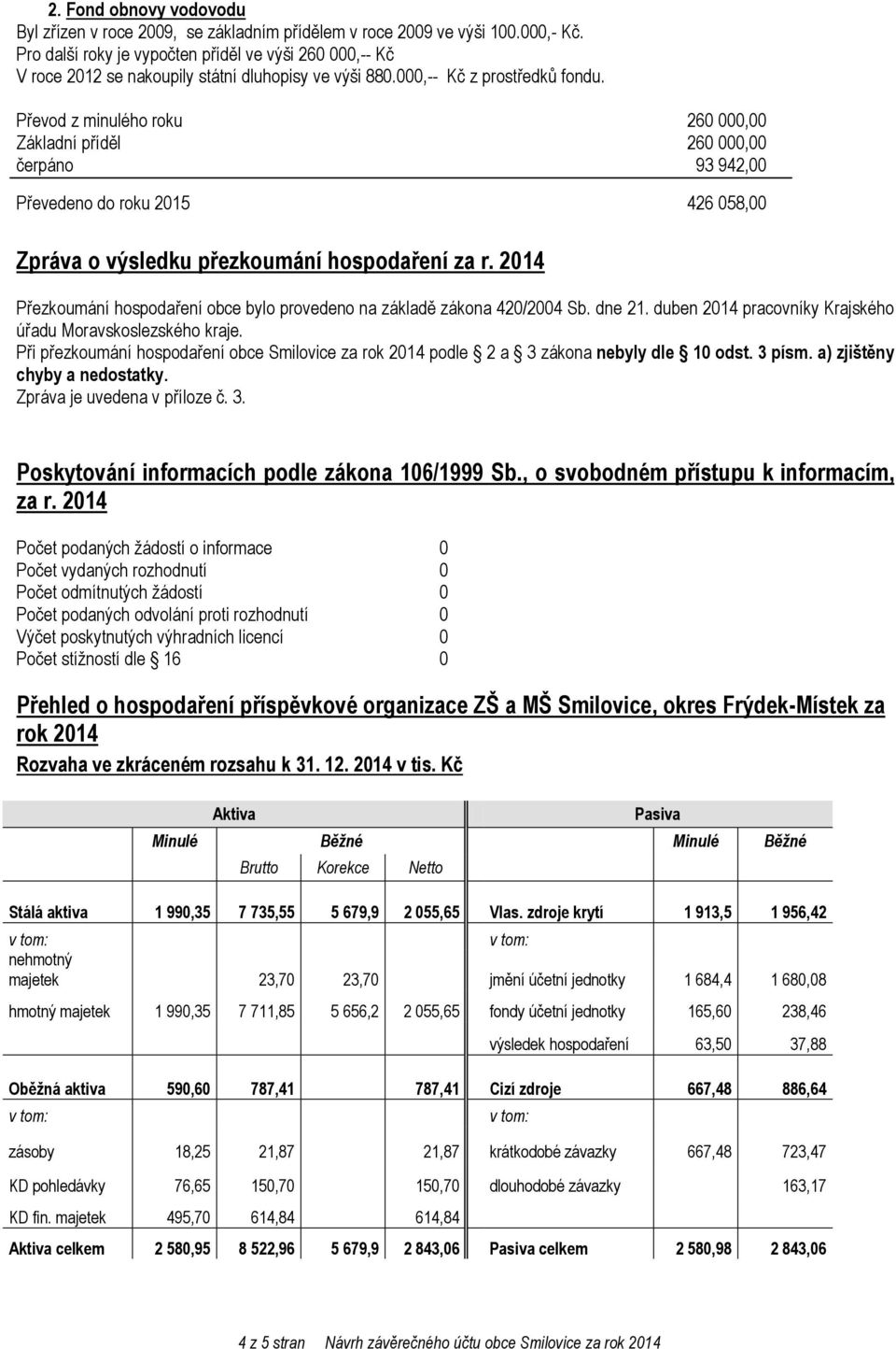 Převod z minulého roku 260 000,00 Základní příděl 260 000,00 čerpáno 93 942,00 Převedeno do roku 2015 426 058,00 Zpráva o výsledku přezkoumání hospodaření za r.