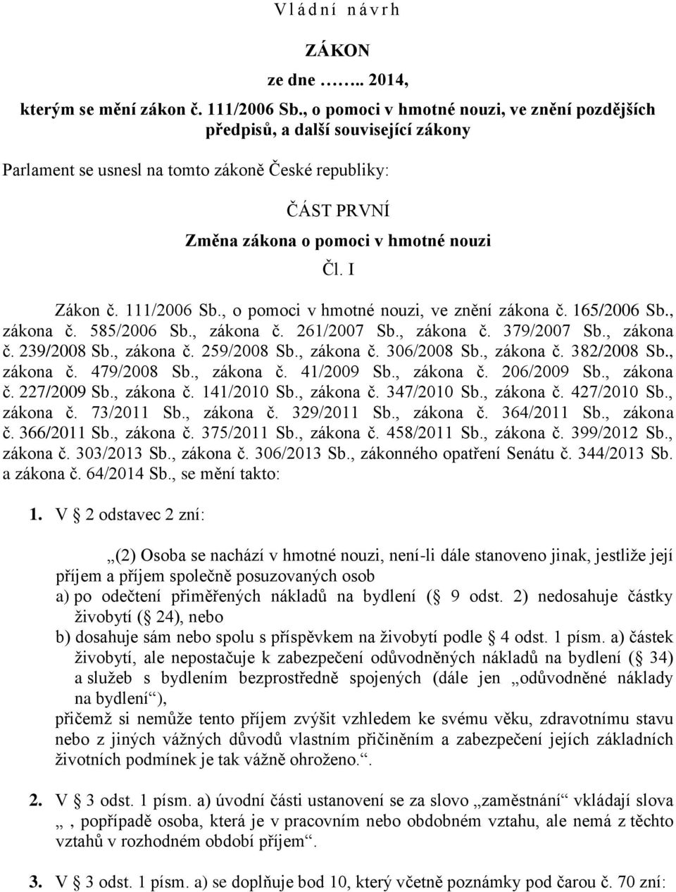 111/2006 Sb., o pomoci v hmotné nouzi, ve znění zákona č. 165/2006 Sb., zákona č. 585/2006 Sb., zákona č. 261/2007 Sb., zákona č. 379/2007 Sb., zákona č. 239/2008 Sb., zákona č. 259/2008 Sb.