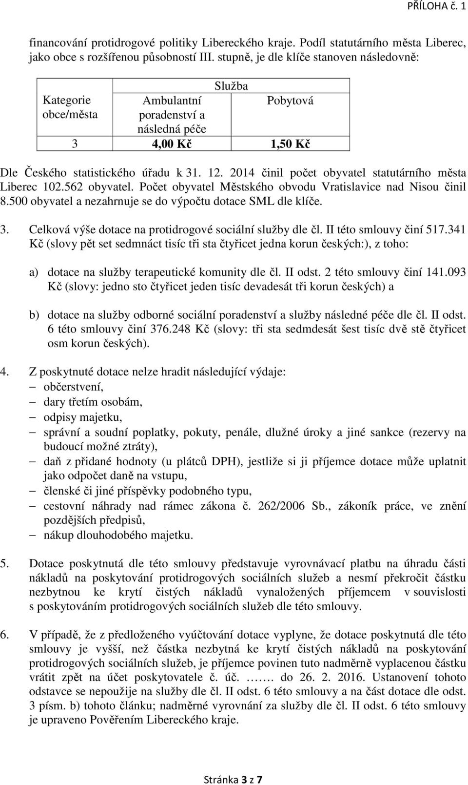 2014 činil počet obyvatel statutárního města Liberec 102.562 obyvatel. Počet obyvatel Městského obvodu Vratislavice nad Nisou činil 8.500 obyvatel a nezahrnuje se do výpočtu dotace SML dle klíče. 3.