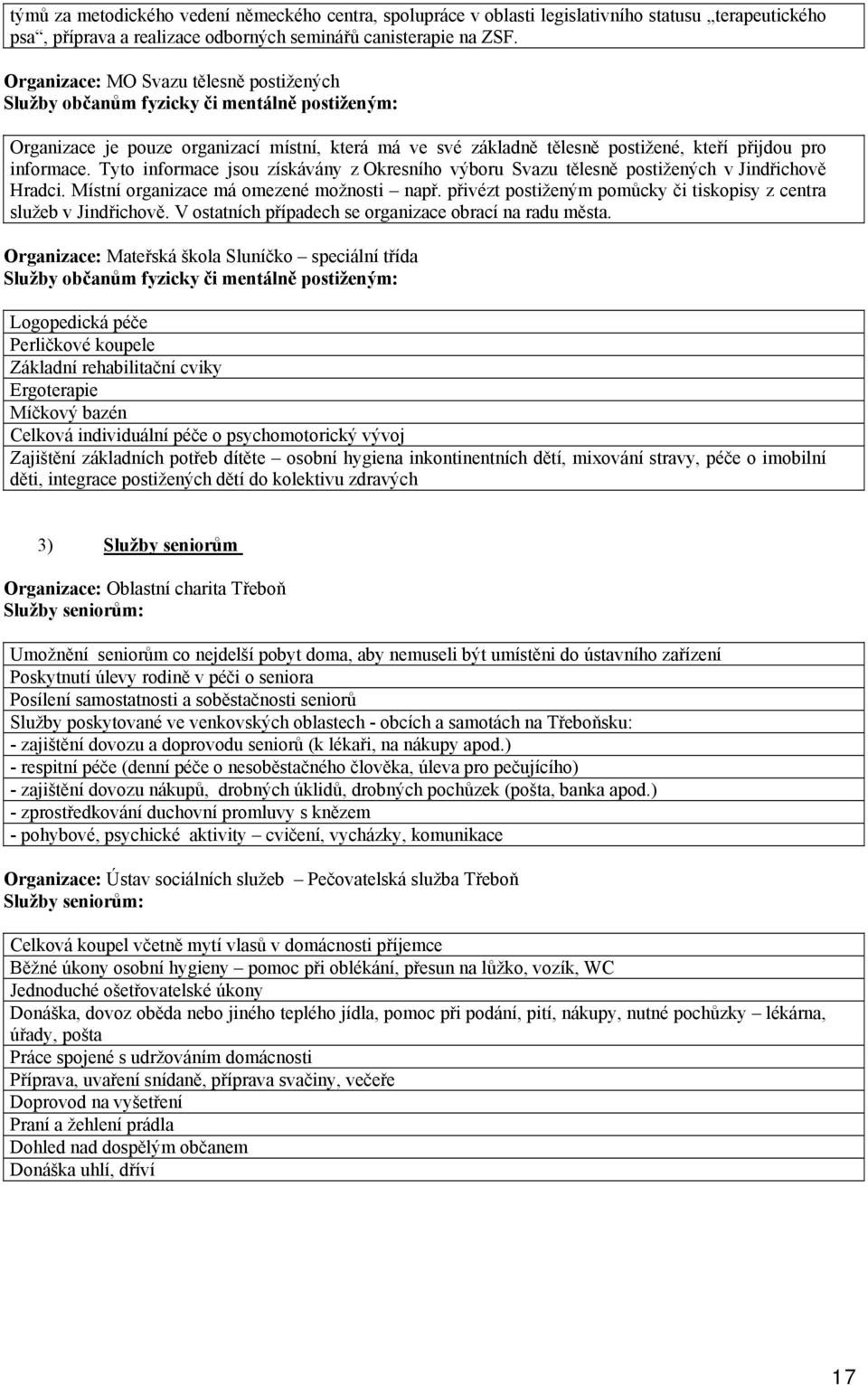 Tyto informace jsou získávány z Okresního výboru Svazu tělesně postižených v Jindřichově Hradci. Místní organizace má omezené možnosti např.
