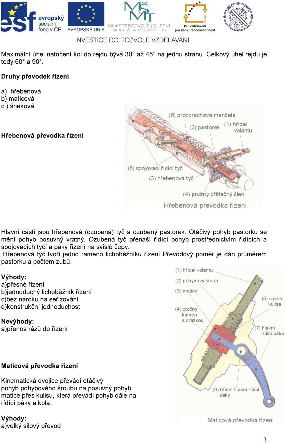 Ozubená tyč přenáší řídící pohyb prostřednictvím řídících a spojovacích tyčí a páky řízení na svislé čepy.