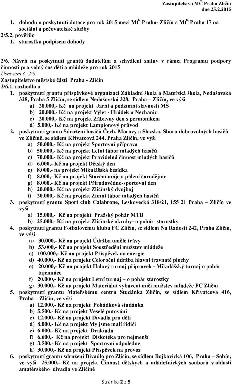 poskytnutí grantu příspěvkové organizaci Základní škola a Mateřská škola, Nedašovská 328, Praha 5 Zličín, se sídlem Nedašovská 328, Praha Zličín, ve výši a) 20.