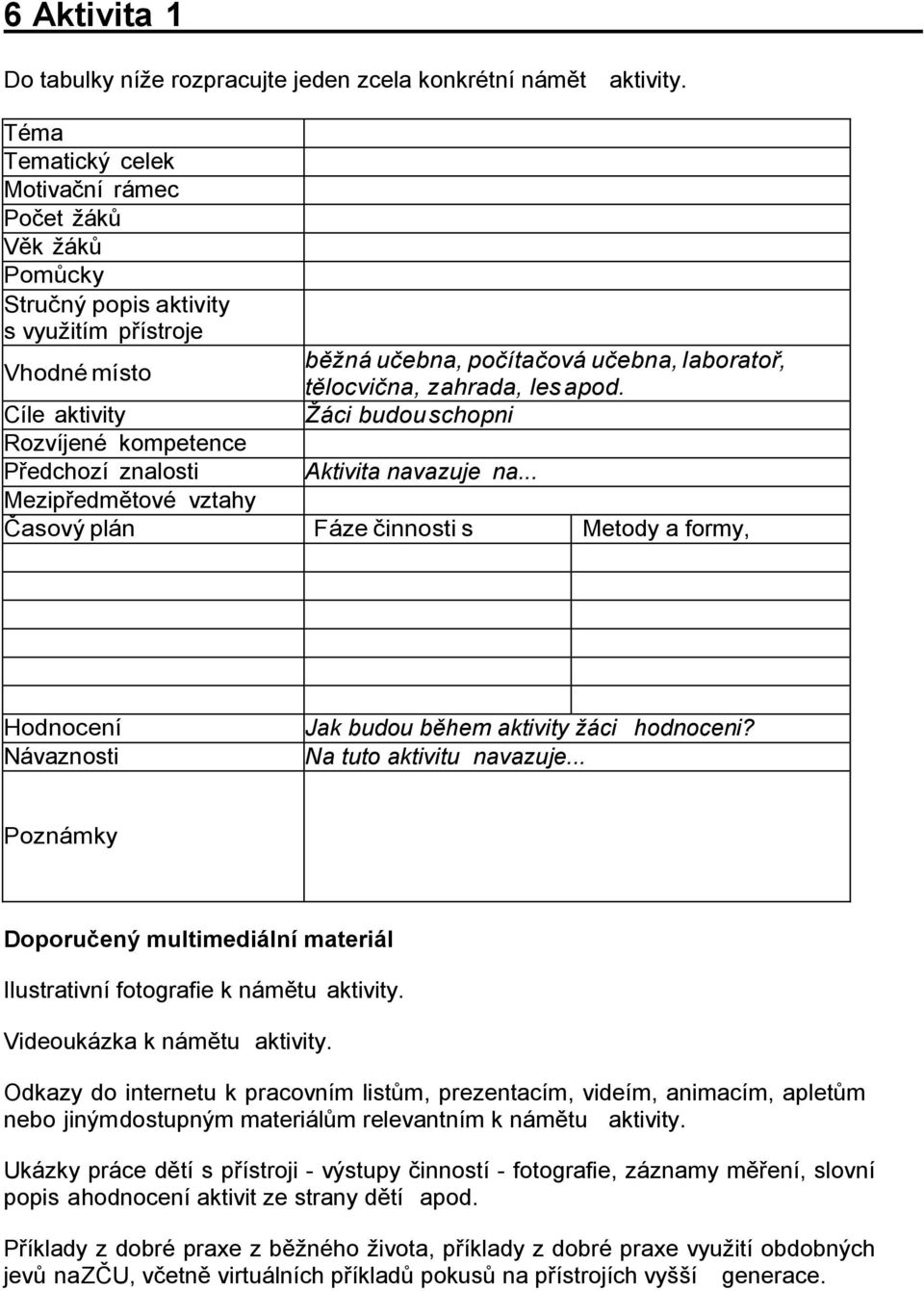 Časový plán běžná učebna, počítačová učebna, laboratoř, tělocvična, zahrada, les apod. Žáci budou schopni Aktivita navazuje na.